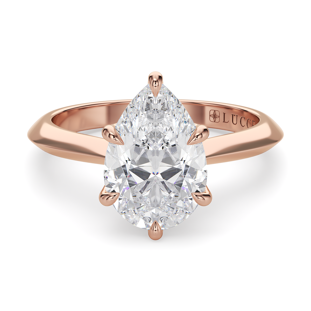 Load image into Gallery viewer, LUCCE Knife Edge Cathedral Pear Diamond Solitaire Engagement Ring with Overlapping Petal Prongs in Gold or Platinum
