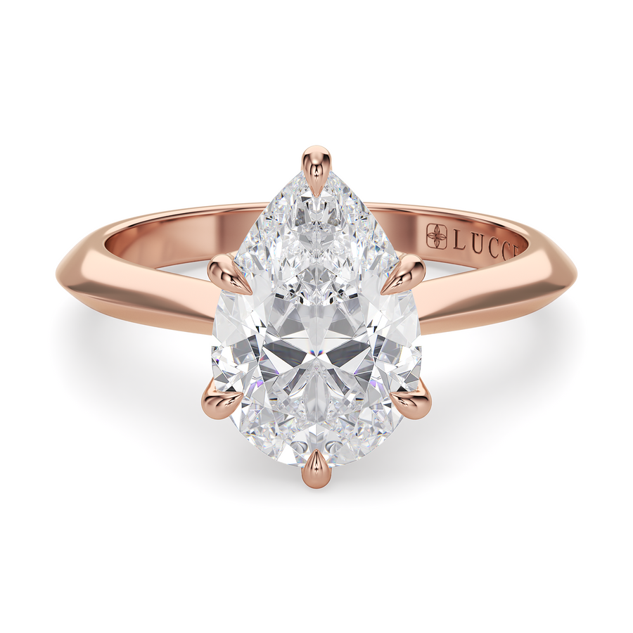 Load image into Gallery viewer, LUCCE Knife Edge Cathedral Pear Diamond Solitaire Engagement Ring with Overlapping Petal Prongs in Gold or Platinum
