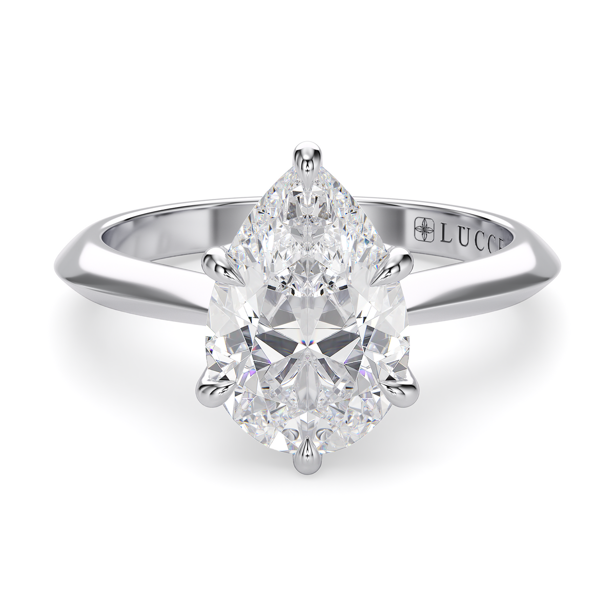 Load image into Gallery viewer, LUCCE Knife Edge Cathedral Pear Diamond Solitaire Engagement Ring with Overlapping Petal Prongs in Gold or Platinum
