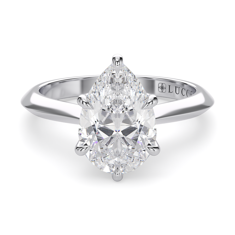 Load image into Gallery viewer, LUCCE Knife Edge Cathedral Pear Diamond Solitaire Engagement Ring with Overlapping Petal Prongs in Gold or Platinum
