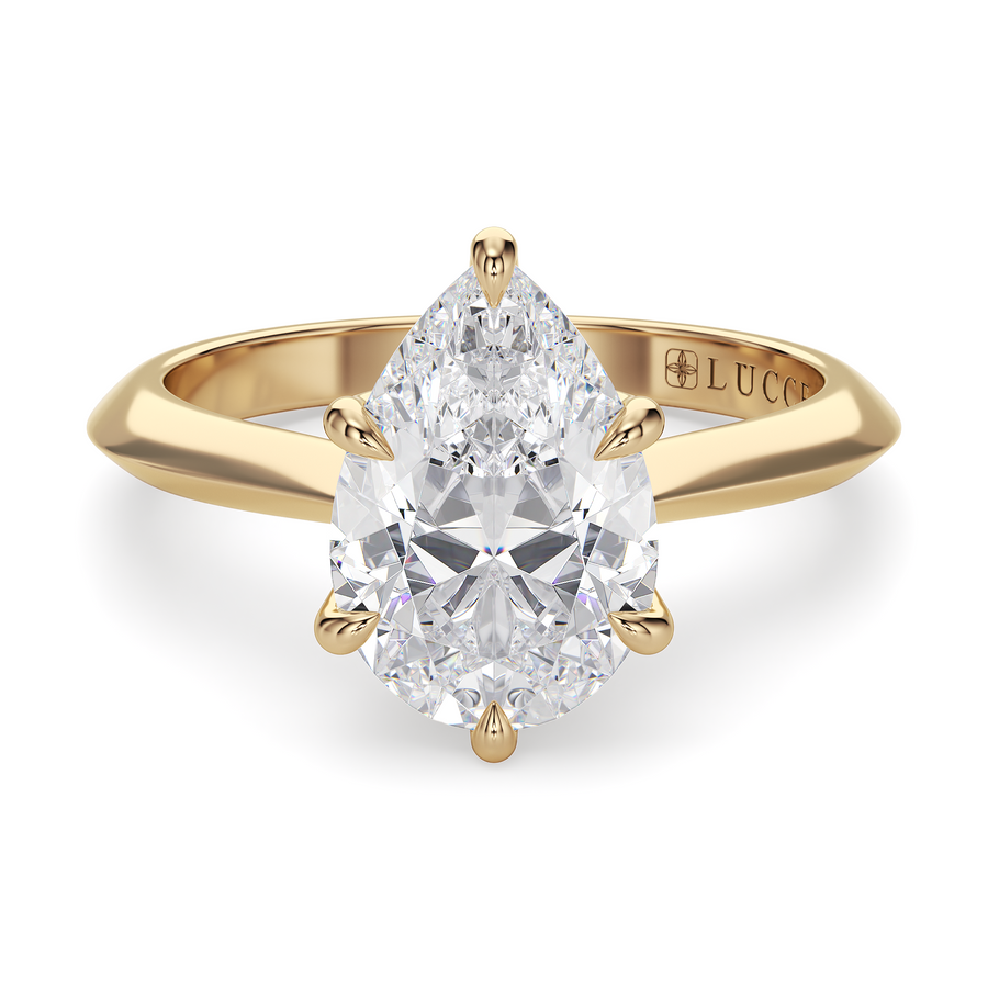 Load image into Gallery viewer, LUCCE Knife Edge Cathedral Pear Diamond Solitaire Engagement Ring with Overlapping Petal Prongs in Gold or Platinum
