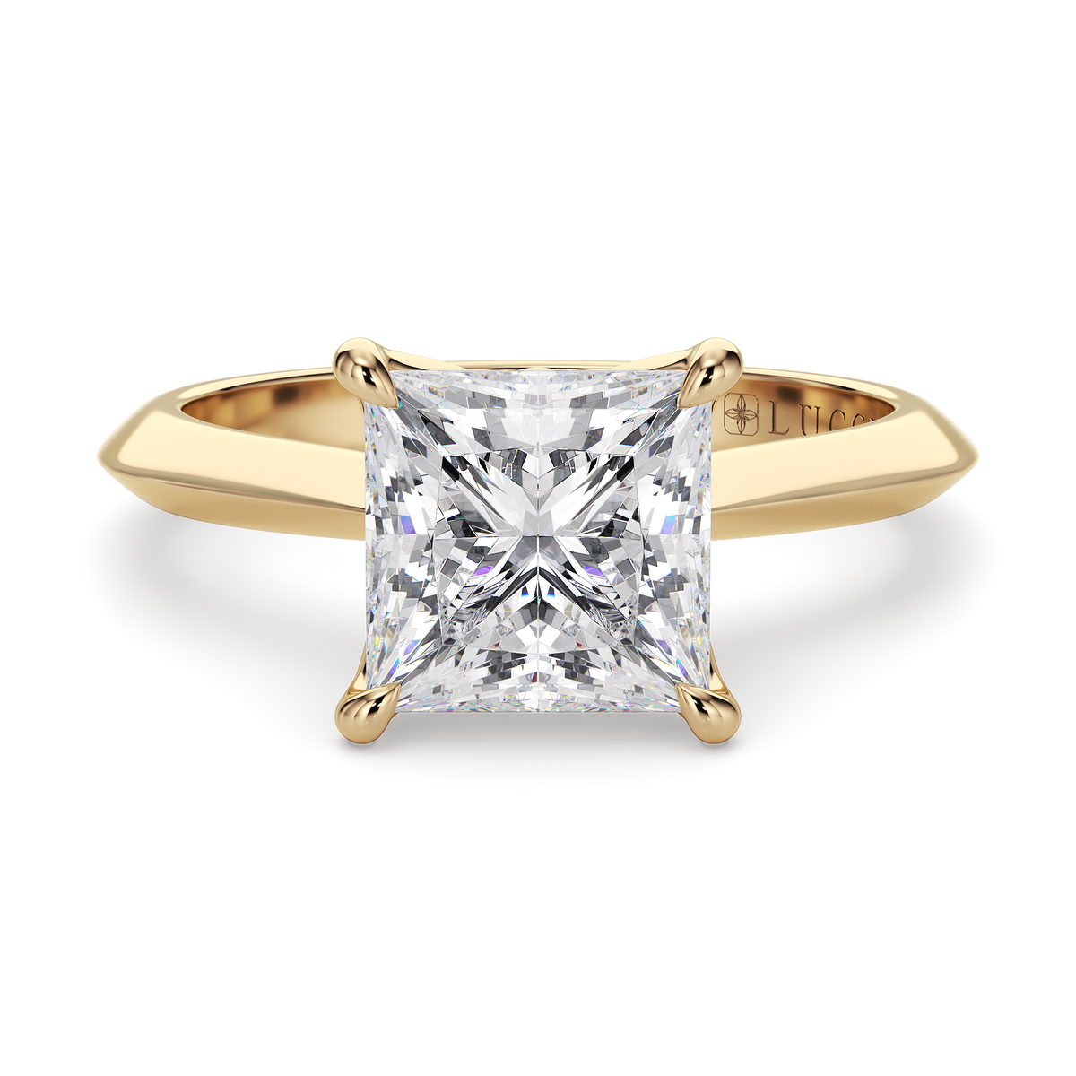Load image into Gallery viewer, LUCCE Knife Edge Cathedral Princess Green Diamond Solitaire Engagement Ring with Overlapping Petal Prongs in Gold or Platinum
