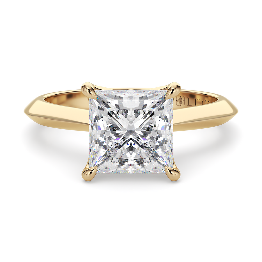 Load image into Gallery viewer, LUCCE Knife Edge Cathedral Princess Green Diamond Solitaire Engagement Ring with Overlapping Petal Prongs in Gold or Platinum
