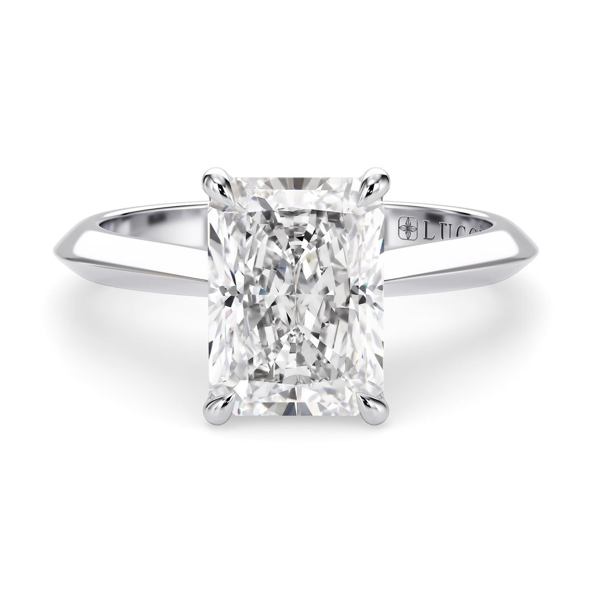 Load image into Gallery viewer, LUCCE Knife Edge Cathedral Radiant Diamond Solitaire Engagement Ring with Overlapping Petal Prongs in Gold or Platinum
