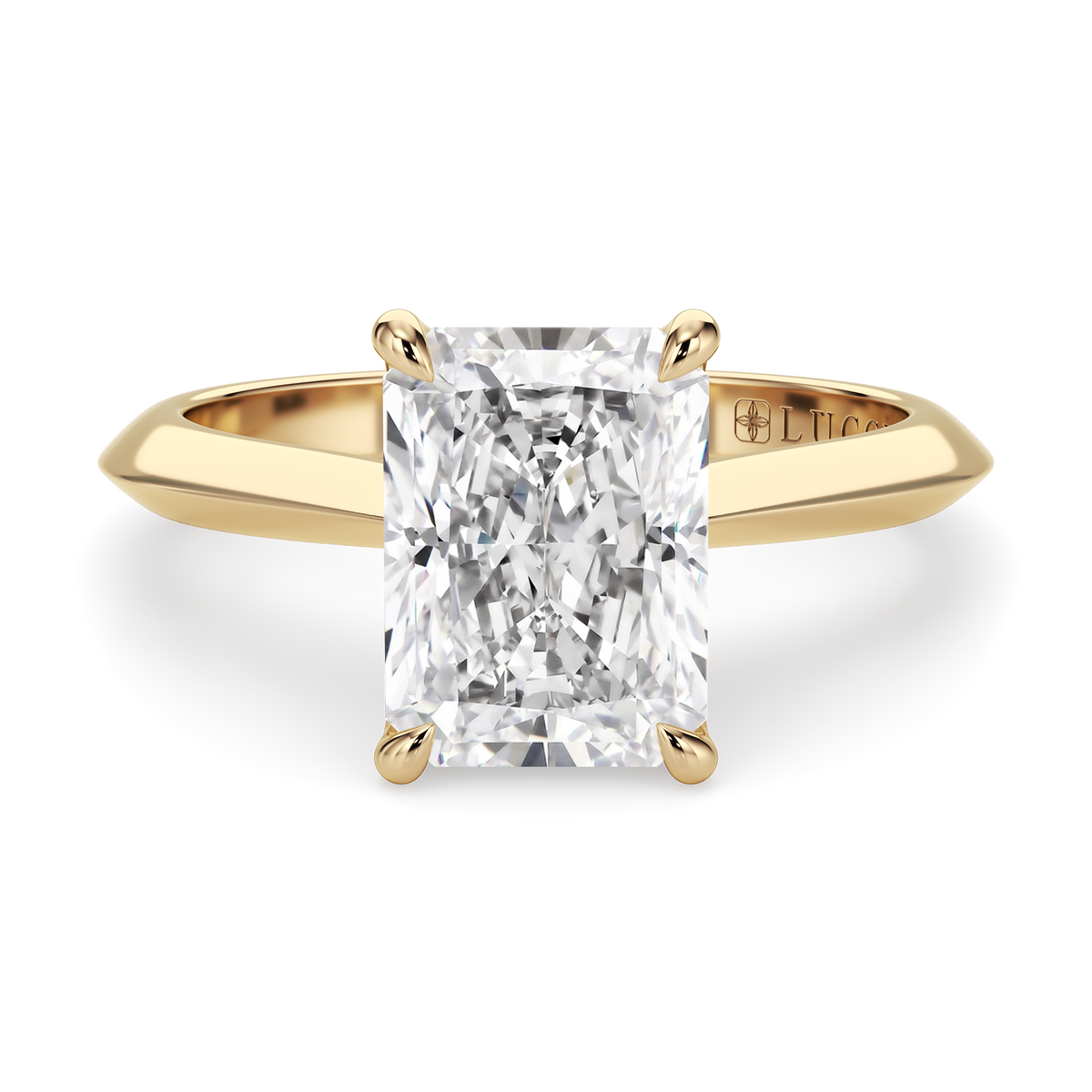 Load image into Gallery viewer, LUCCE Knife Edge Cathedral Radiant Diamond Solitaire Engagement Ring with Overlapping Petal Prongs in Gold or Platinum
