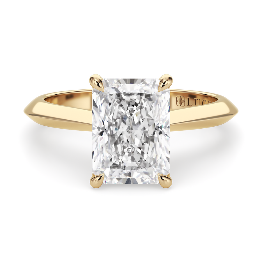 Load image into Gallery viewer, LUCCE Knife Edge Cathedral Radiant Diamond Solitaire Engagement Ring with Overlapping Petal Prongs in Gold or Platinum
