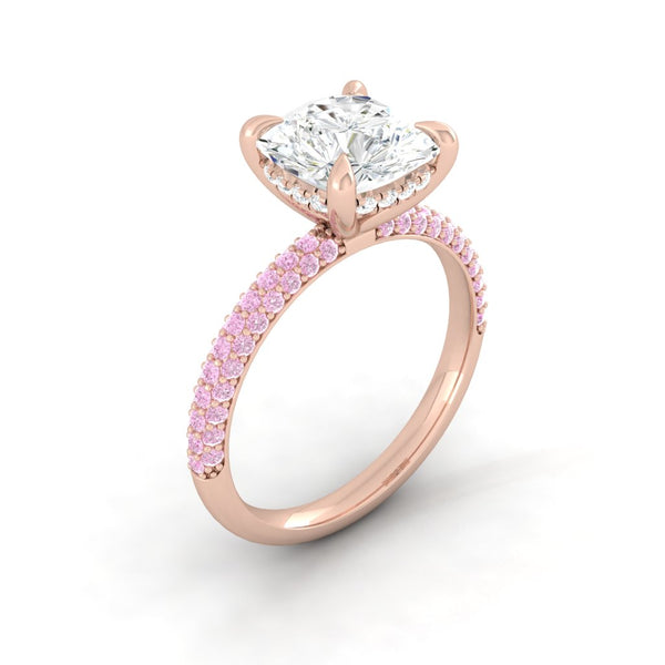 Pink Diamond Cushion Engagement Ring with Tri-row Band