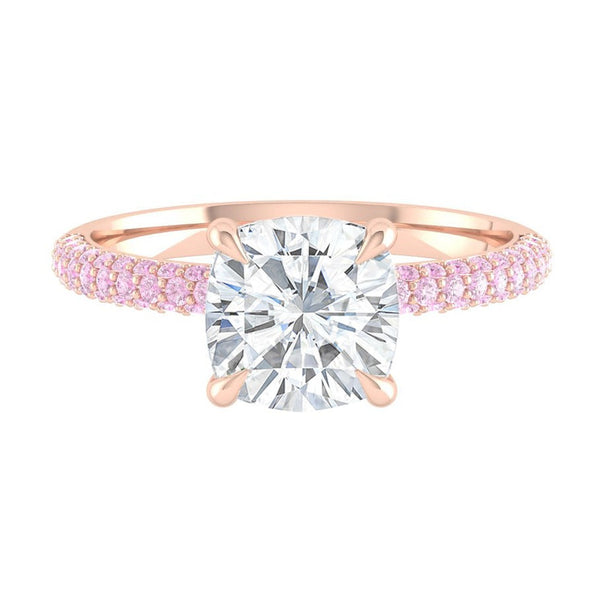 Pink Diamond Cushion Engagement Ring with Tri-row Band