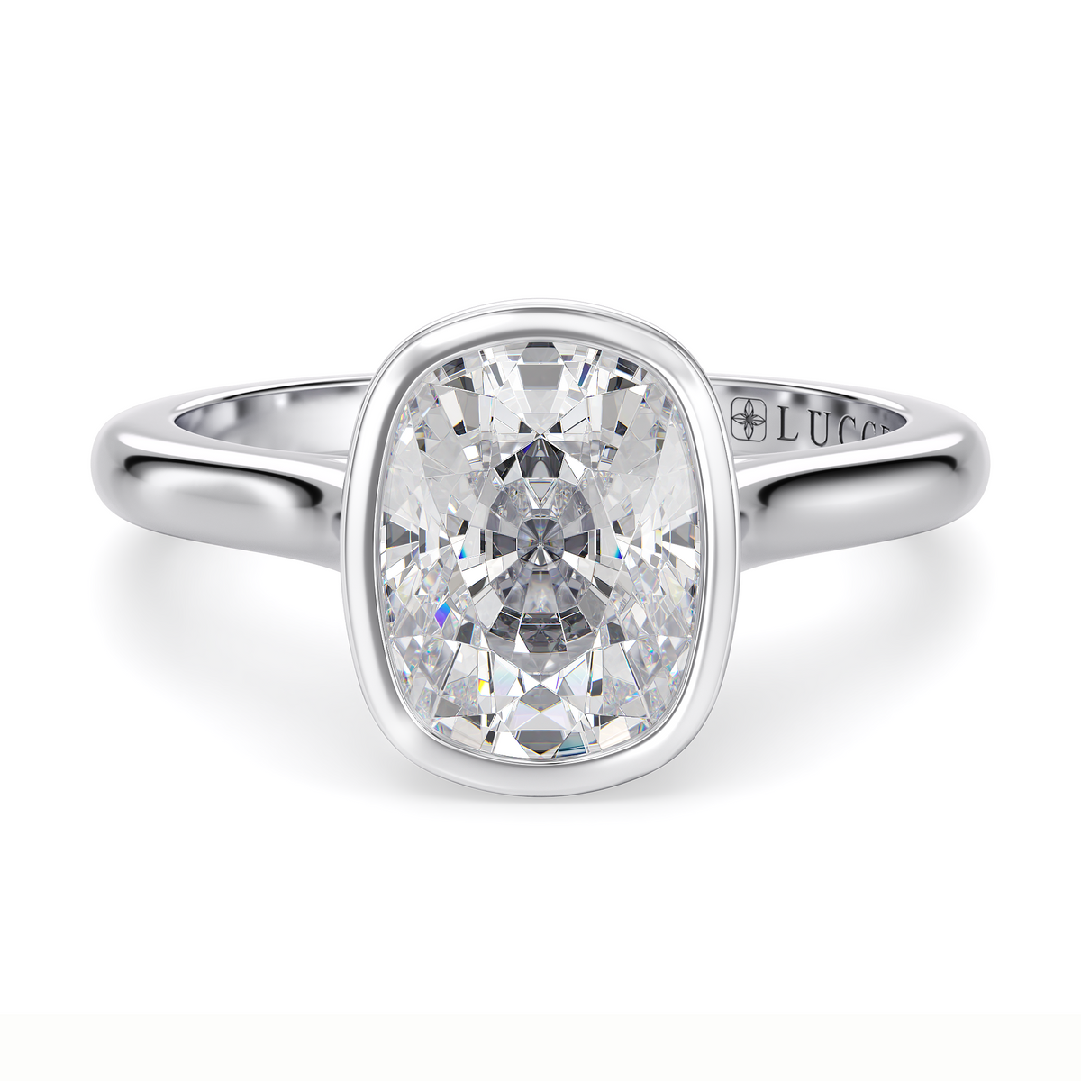 Load image into Gallery viewer, LUCCE Solitaire Cathedral Cushion Diamond in Bezel Setting with Hidden Petal Engagement Ring in Gold or Platinum
