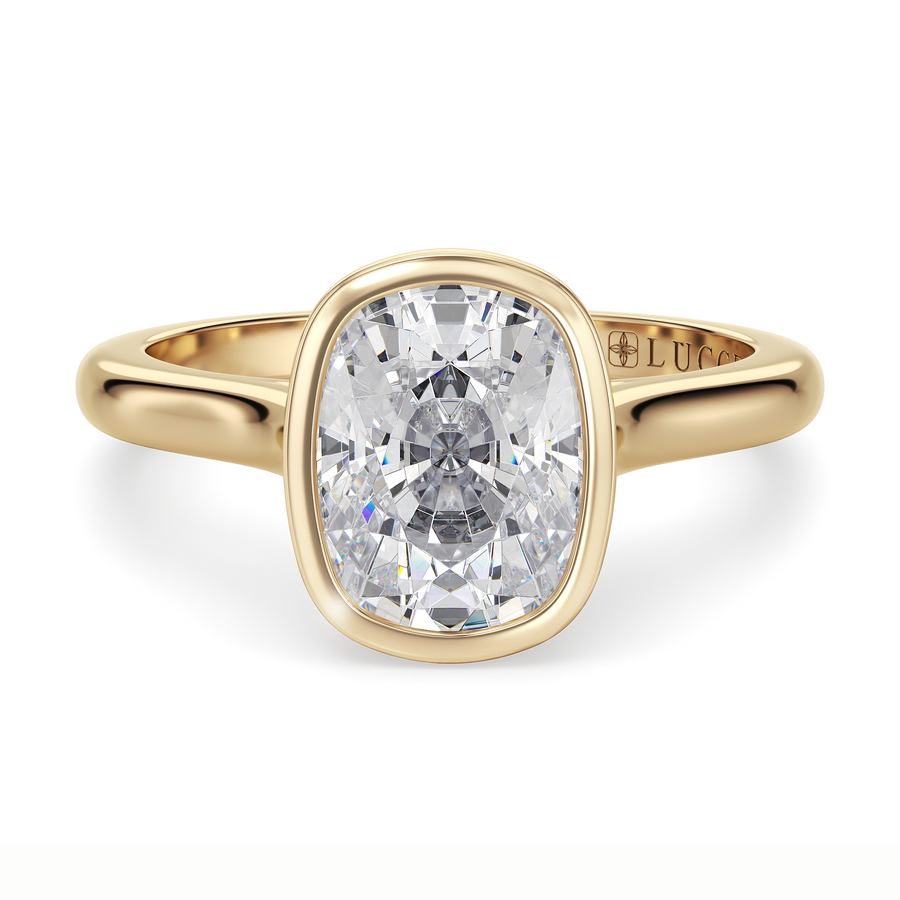 Load image into Gallery viewer, LUCCE Solitaire Cathedral Cushion Diamond in Bezel Setting with Hidden Petal Engagement Ring in Gold or Platinum

