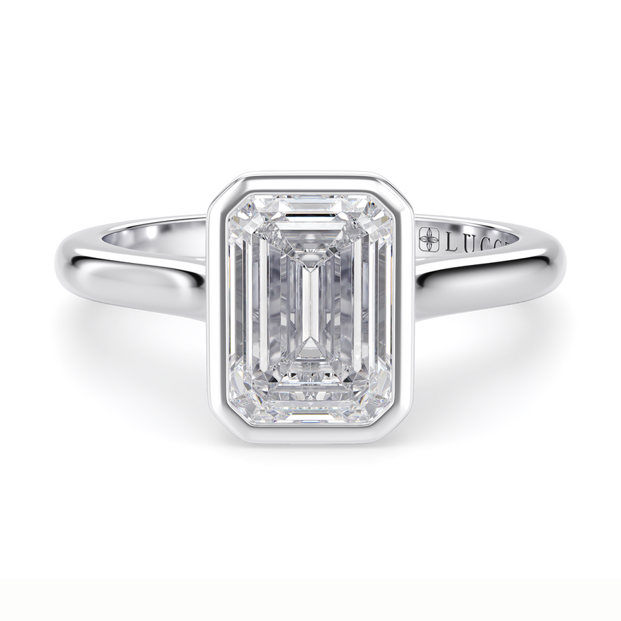 Load image into Gallery viewer, LUCCE Solitaire Cathedral Emerald Diamond in Bezel Setting with Hidden Petal Engagement Ring in Gold or Platinum
