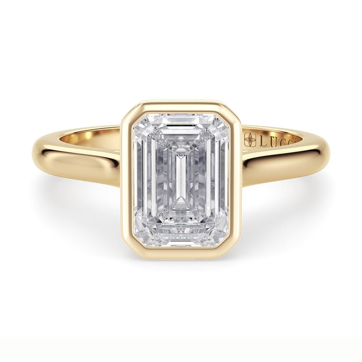 Load image into Gallery viewer, LUCCE Solitaire Cathedral Emerald Diamond in Bezel Setting with Hidden Petal Engagement Ring in Gold or Platinum
