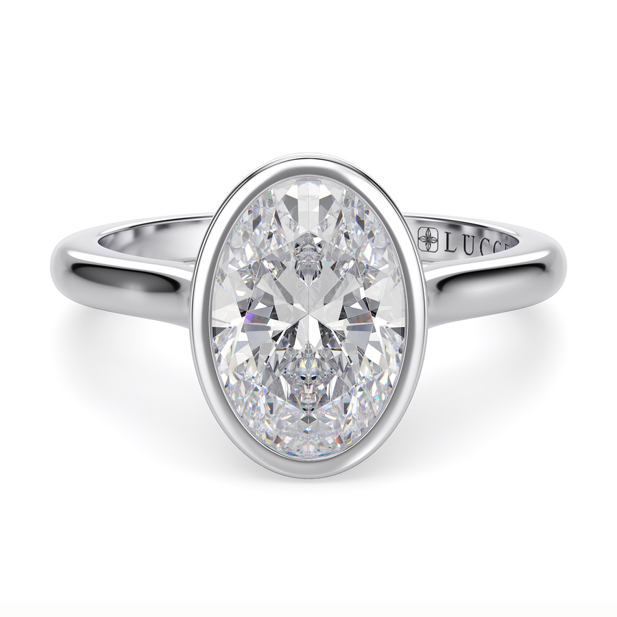Load image into Gallery viewer, LUCCE Solitaire Cathedral Oval Diamond in Bezel Setting with Hidden Petal Engagement Ring in Gold or Platinum
