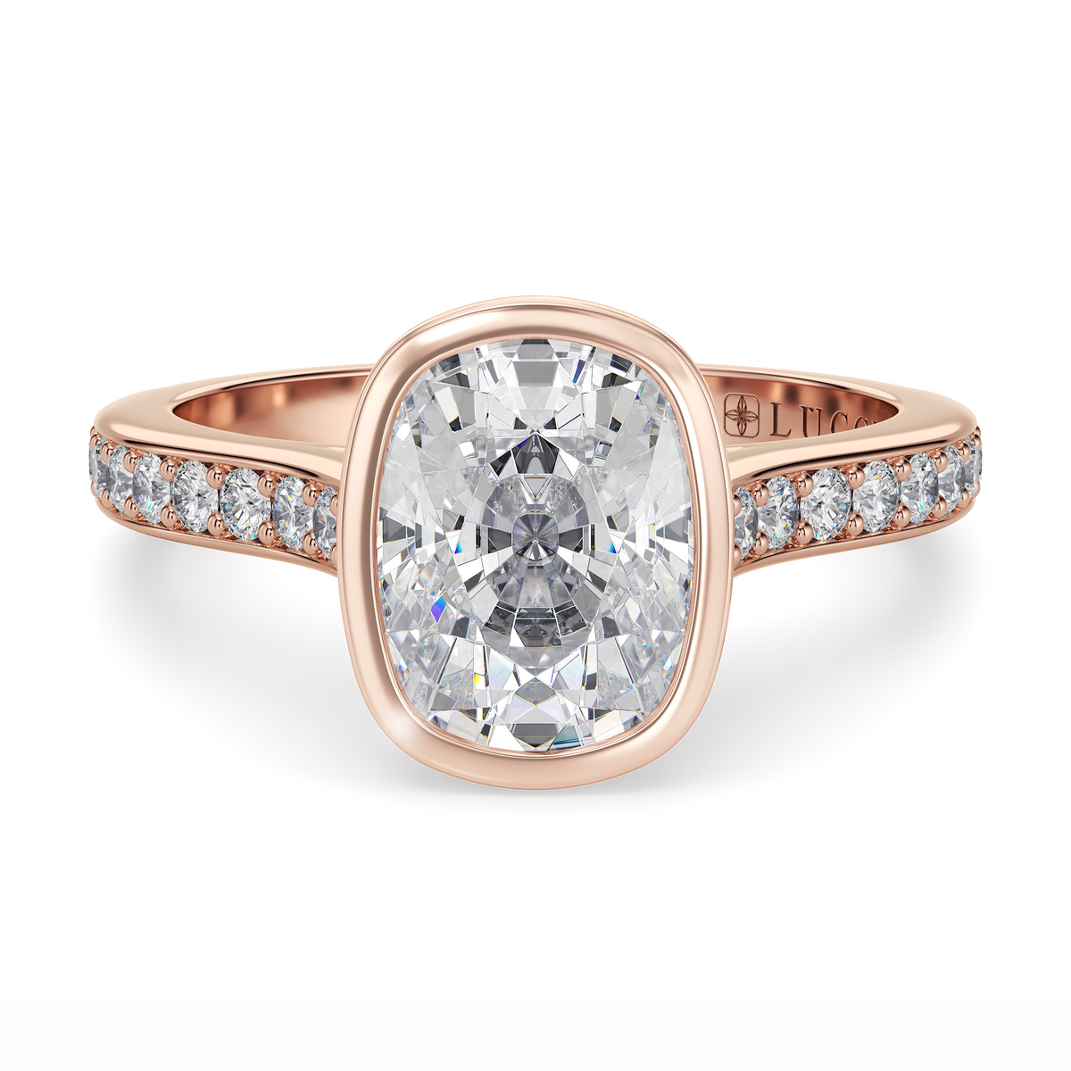 Load image into Gallery viewer, LUCCE Pavé Cathedral Cushion Diamond in Bezel Setting with Hidden Petal Engagement Ring in Gold or Platinum
