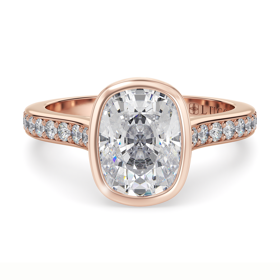 Load image into Gallery viewer, LUCCE Pavé Cathedral Cushion Diamond in Bezel Setting with Hidden Petal Engagement Ring in Gold or Platinum

