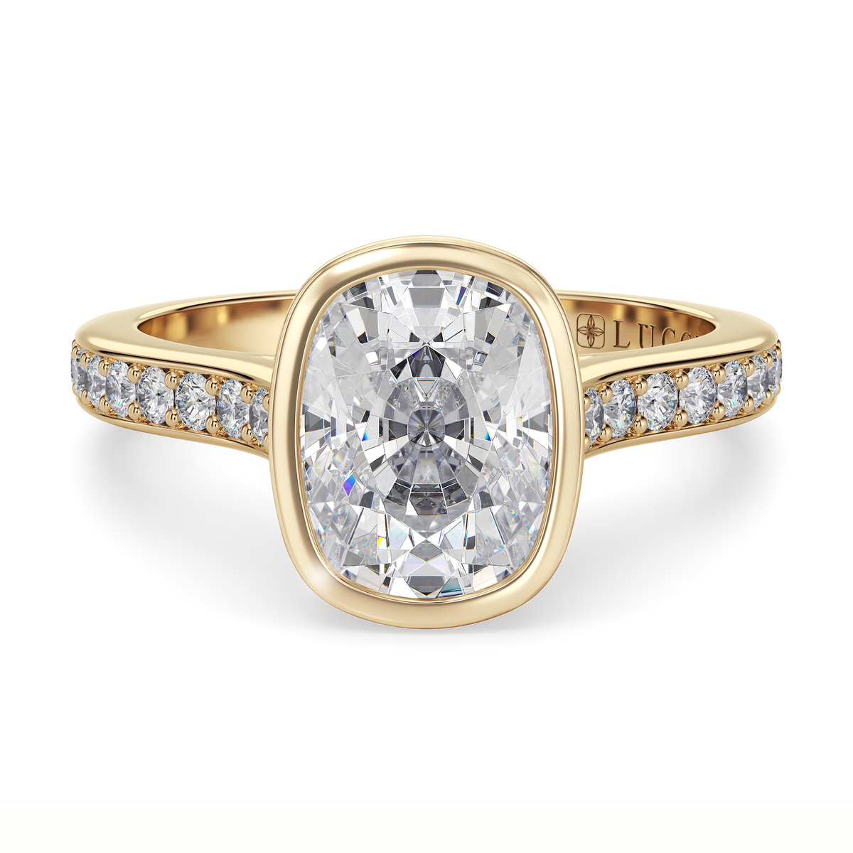 Load image into Gallery viewer, LUCCE Pavé Cathedral Cushion Diamond in Bezel Setting with Hidden Petal Engagement Ring in Gold or Platinum
