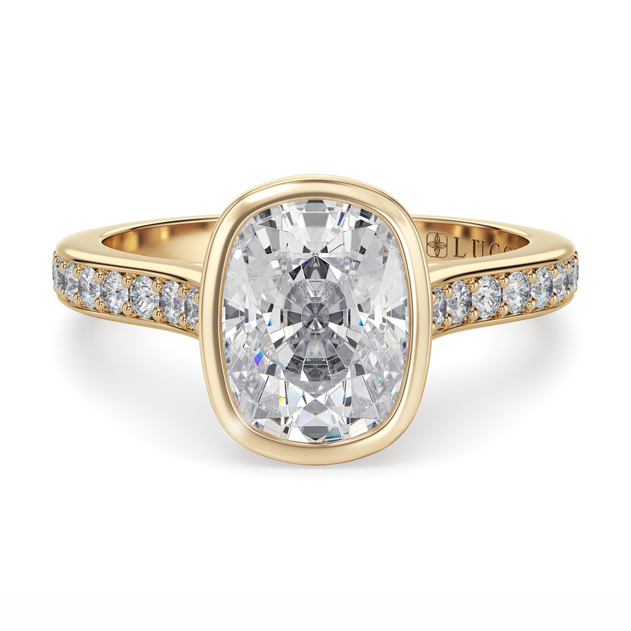 Load image into Gallery viewer, LUCCE Pavé Cathedral Cushion Diamond in Bezel Setting with Hidden Petal Engagement Ring in Gold or Platinum
