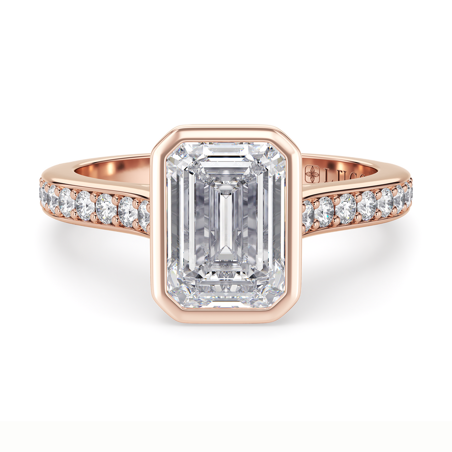 Load image into Gallery viewer, LUCCE Pavé Cathedral Emerald Diamond in Bezel Setting with Hidden Petal Engagement Ring in Gold or Platinum
