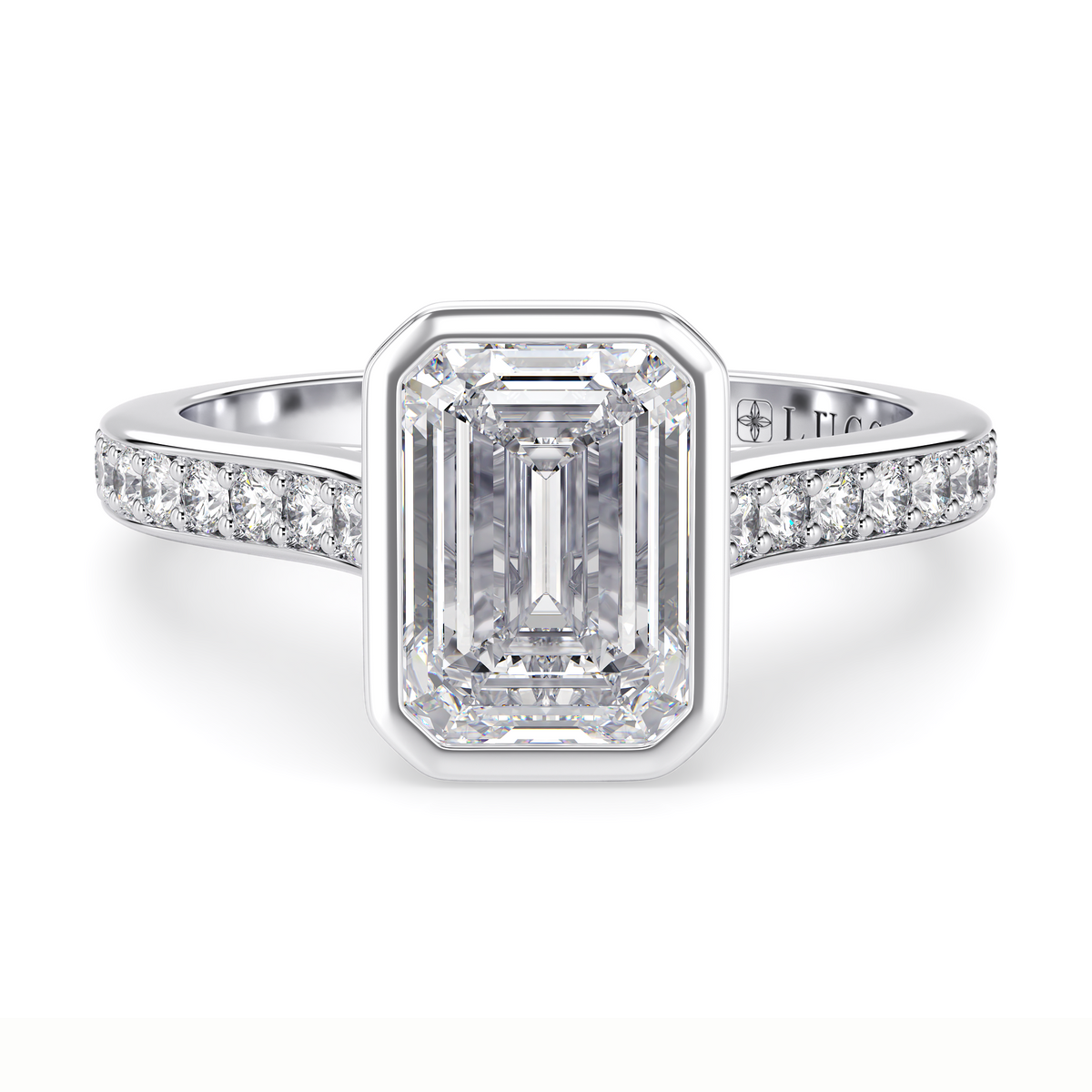 Load image into Gallery viewer, LUCCE Pavé Cathedral Emerald Diamond in Bezel Setting with Hidden Petal Engagement Ring in Gold or Platinum
