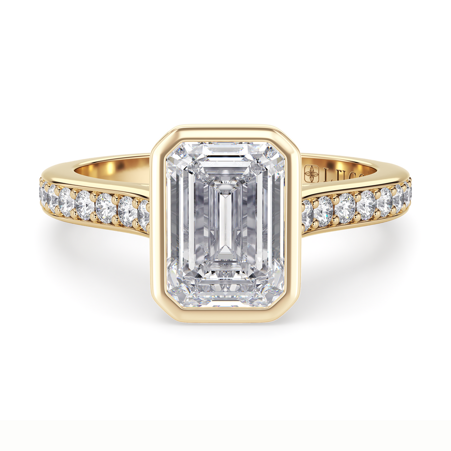 Load image into Gallery viewer, LUCCE Pavé Cathedral Emerald Diamond in Bezel Setting with Hidden Petal Engagement Ring in Gold or Platinum
