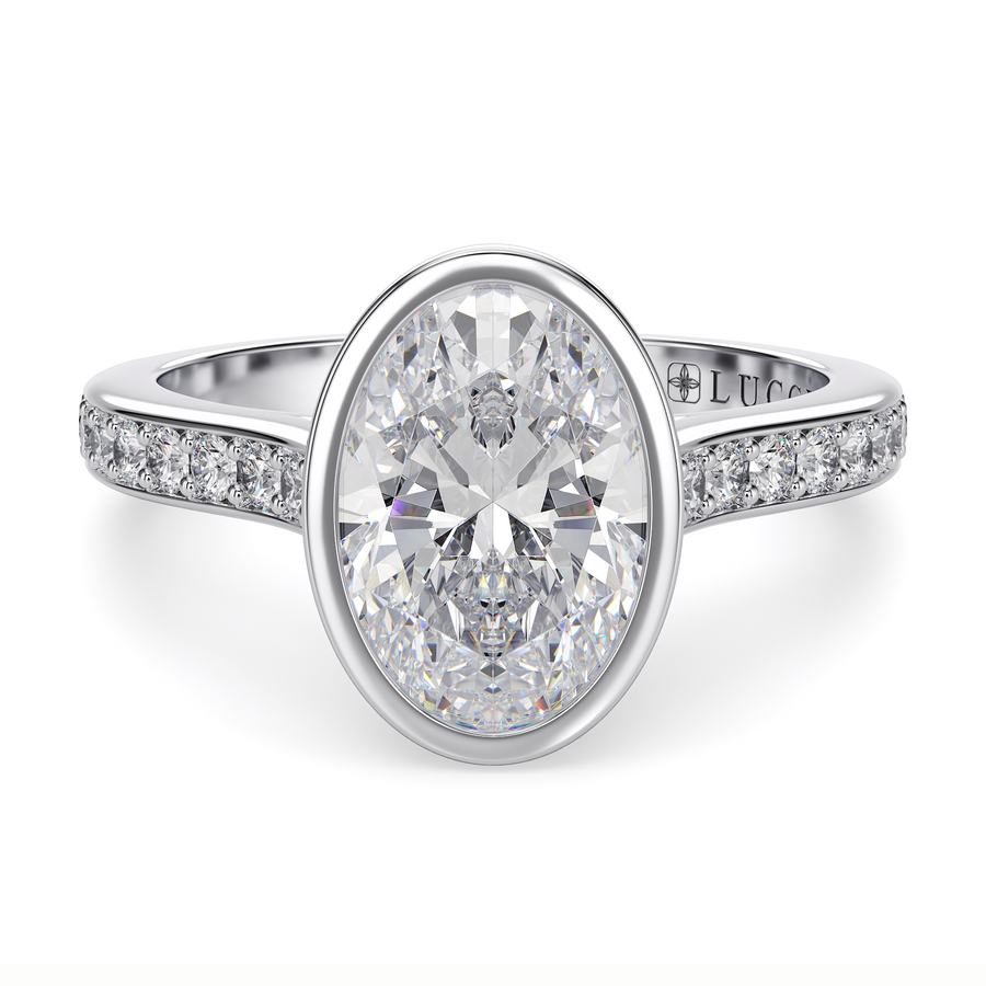Load image into Gallery viewer, LUCCE Pavé Cathedral Oval Diamond in Bezel Setting with Hidden Petal Engagement Ring in Gold or Platinum

