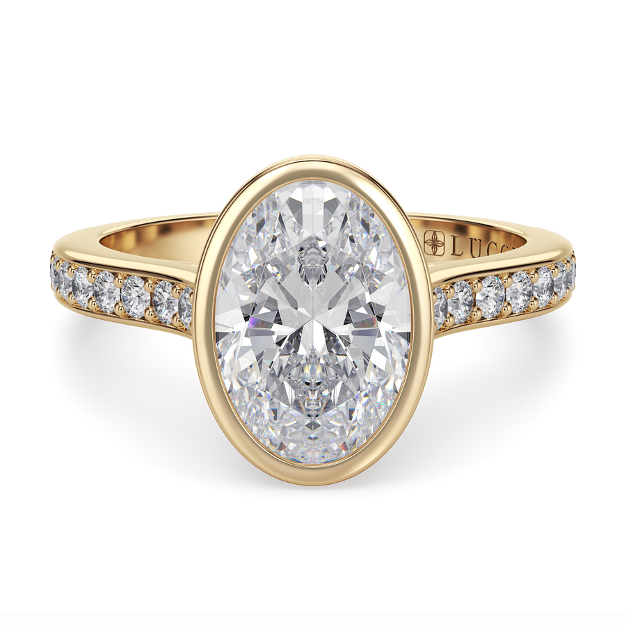 Load image into Gallery viewer, LUCCE Pavé Cathedral Oval Diamond in Bezel Setting with Hidden Petal Engagement Ring in Gold or Platinum
