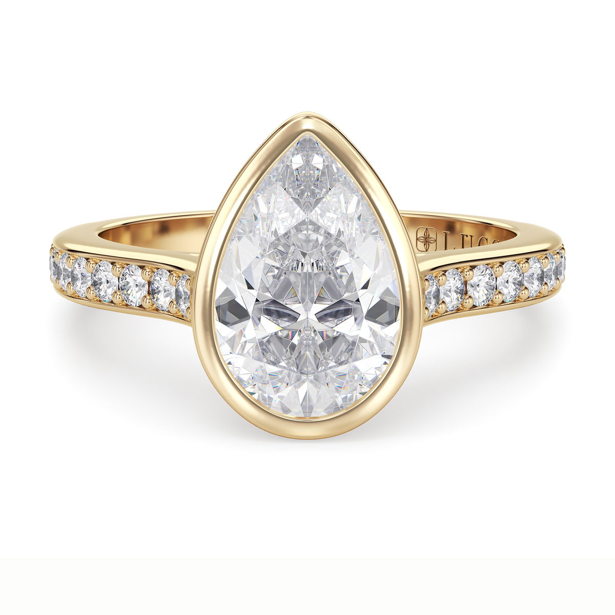 Load image into Gallery viewer, LUCCE Pavé Cathedral Pear Diamond in Bezel Setting with Hidden Petal Engagement Ring in Gold or Platinum
