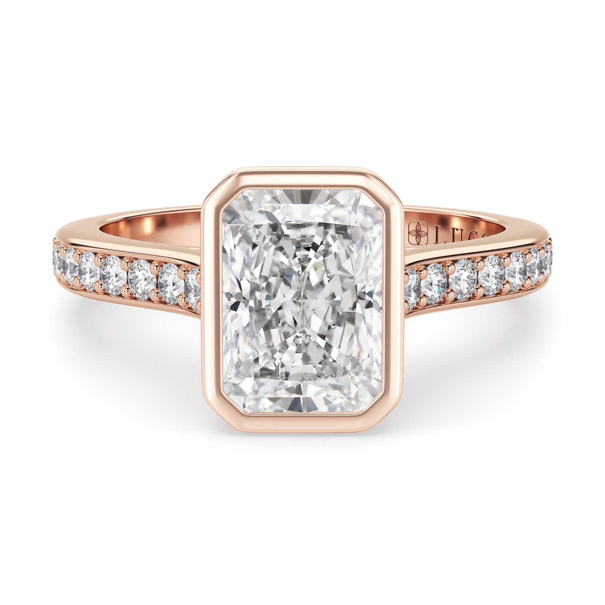 Load image into Gallery viewer, LUCCE Pavé Cathedral Radiant Diamond in Bezel Setting with Hidden Petal Engagement Ring in Gold or Platinum
