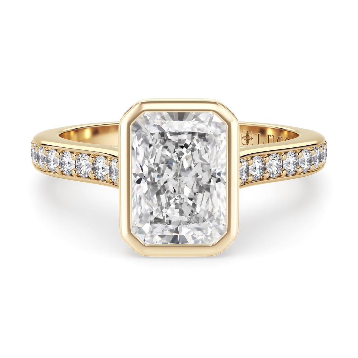 Load image into Gallery viewer, LUCCE Pavé Cathedral Radiant Diamond in Bezel Setting with Hidden Petal Engagement Ring in Gold or Platinum
