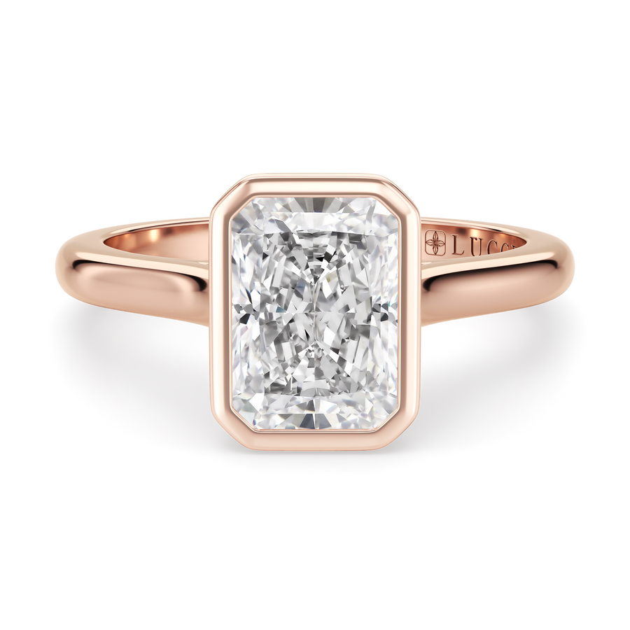 Load image into Gallery viewer, LUCCE Solitaire Cathedral Radiant Diamond in Bezel Setting with Hidden Petal Engagement Ring in Gold or Platinum
