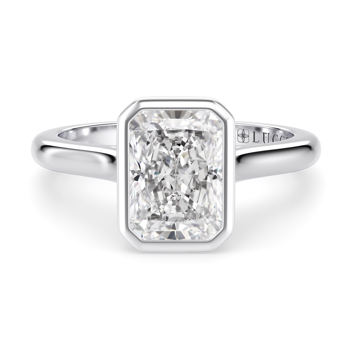 Load image into Gallery viewer, LUCCE Solitaire Cathedral Radiant Diamond in Bezel Setting with Hidden Petal Engagement Ring in Gold or Platinum
