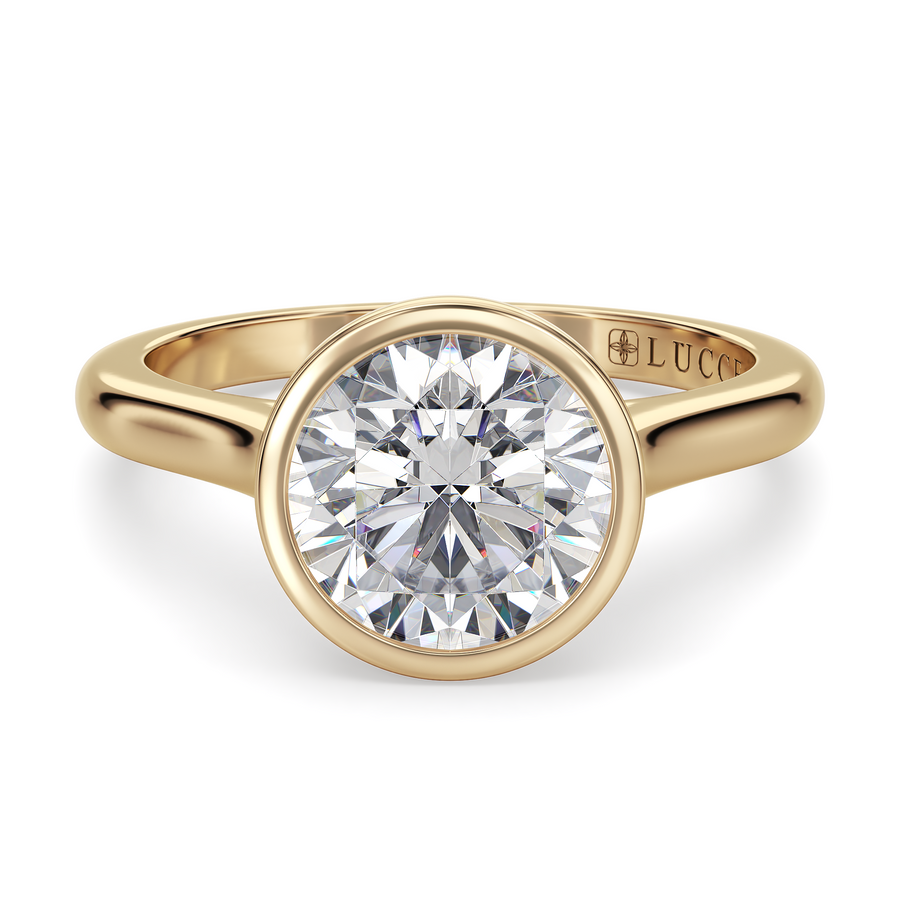 Load image into Gallery viewer, LUCCE Solitaire Cathedral Round Diamond in Bezel Setting with Hidden Petal Engagement Ring in Gold or Platinum
