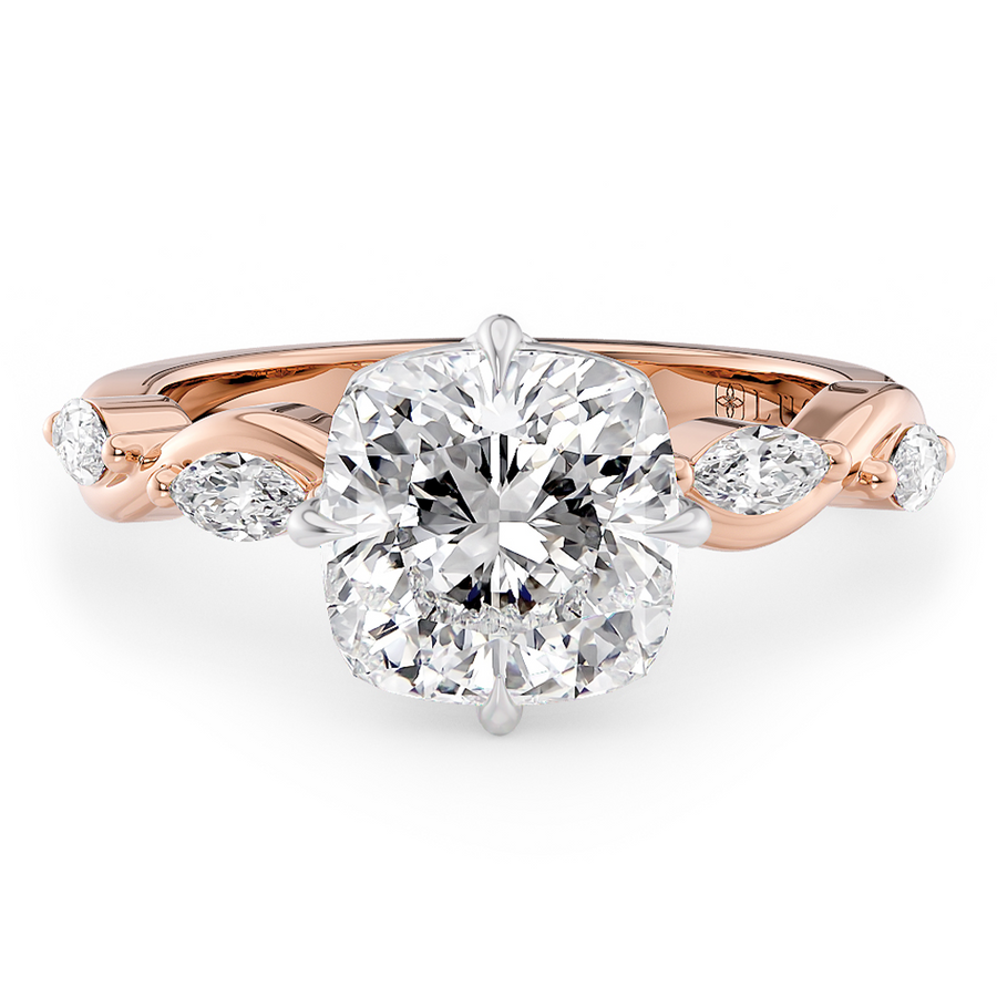 Load image into Gallery viewer, LUCCE Cushion Diamond Ring with Marquise Accents in Intertwining Vines and Petal Prongs Mid Setting Engagement Ring in Gold or Platinum 
