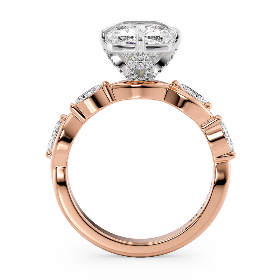 Load image into Gallery viewer, LUCCE Cushion Diamond Ring with Marquise Accents in Intertwining Vines and Petal Prongs Mid Setting Engagement Ring in Gold or Platinum 
