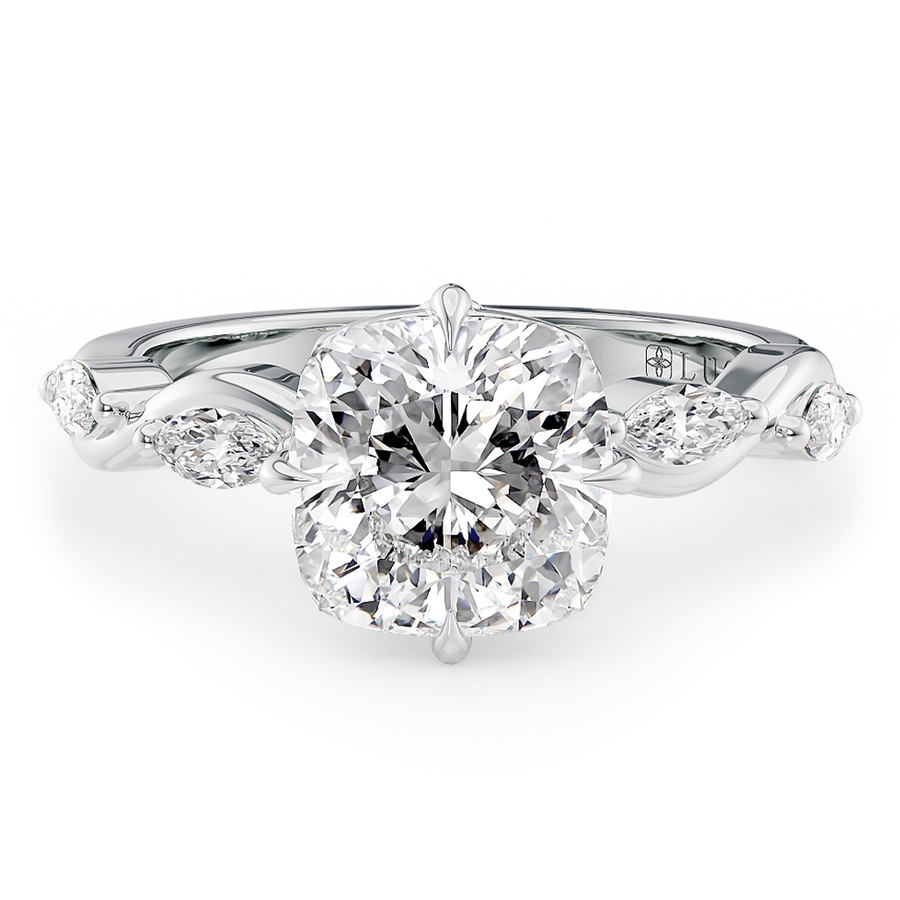 Load image into Gallery viewer, LUCCE Cushion Diamond Ring with Marquise Accents in Intertwining Vines and Petal Prongs Mid Setting Engagement Ring in Gold or Platinum 
