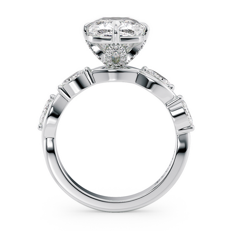 Load image into Gallery viewer, LUCCE Cushion Diamond Ring with Marquise Accents in Intertwining Vines and Petal Prongs Mid Setting Engagement Ring in Gold or Platinum 

