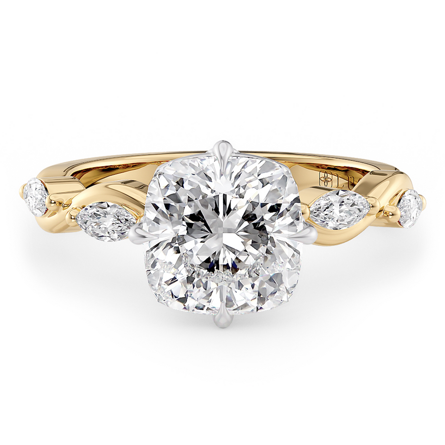 Load image into Gallery viewer, LUCCE Cushion Diamond Ring with Marquise Accents in Intertwining Vines and Petal Prongs Mid Setting Engagement Ring in Gold or Platinum 
