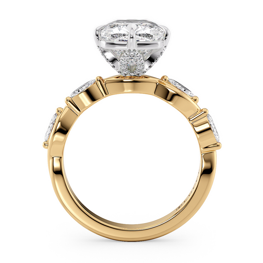 Load image into Gallery viewer, LUCCE Cushion Diamond Ring with Marquise Accents in Intertwining Vines and Petal Prongs Mid Setting Engagement Ring in Gold or Platinum 
