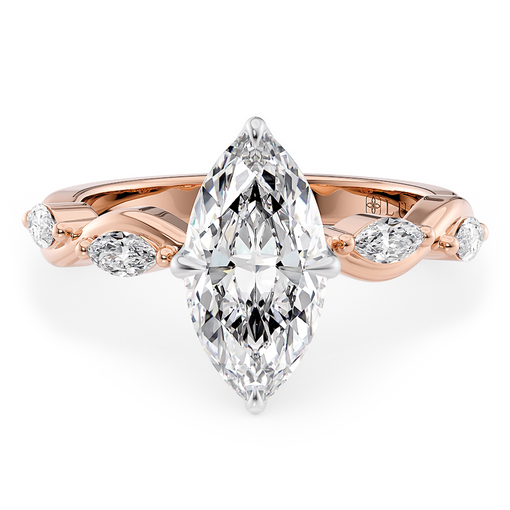 Load image into Gallery viewer, LUCCE Marquise Diamond Ring with Marquise Accents in Intertwining Vines and Petal Prongs Mid Setting Engagement Ring in Gold or Platinum 
