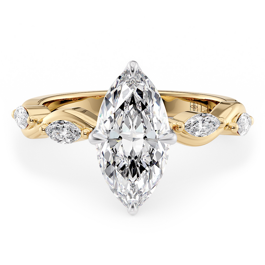 Load image into Gallery viewer, LUCCE Marquise Diamond Ring with Marquise Accents in Intertwining Vines and Petal Prongs Mid Setting Engagement Ring in Gold or Platinum 

