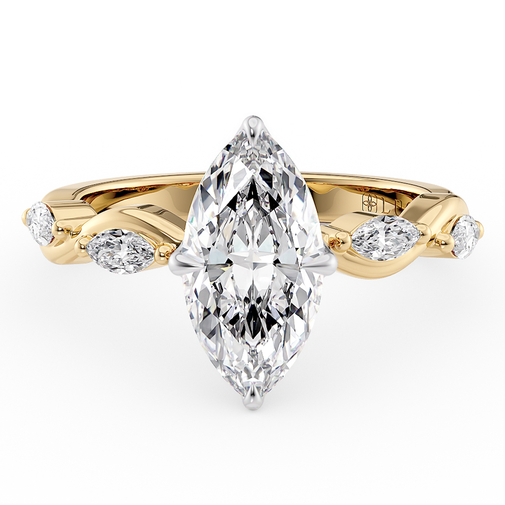 Lucce Constance Marquise 1.50CT Lab Diamond D VS1 EX IGI 18K Yellow Gold and Platinum Prongs