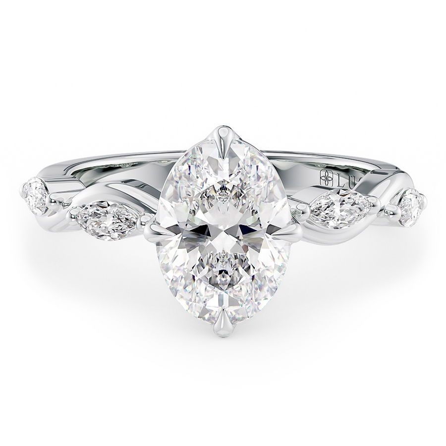 Load image into Gallery viewer, LUCCE Oval Diamond Ring with Marquise Accents in Intertwining Vines and Petal Prongs Mid Setting Engagement Ring in Gold or Platinum 
