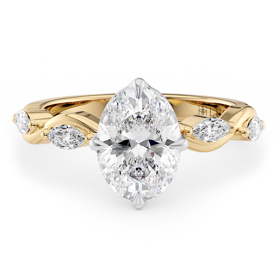 Load image into Gallery viewer, LUCCE Oval Diamond Ring with Marquise Accents in Intertwining Vines and Petal Prongs Mid Setting Engagement Ring in Gold or Platinum 
