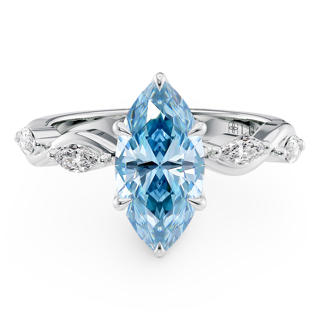 Load image into Gallery viewer, LUCCE OCEAN Blue Marquise cut Diamond Ring with Marquise Accents in Intertwining Vines and Petal Prongs Mid Setting Engagement Ring in Gold or Platinum 

