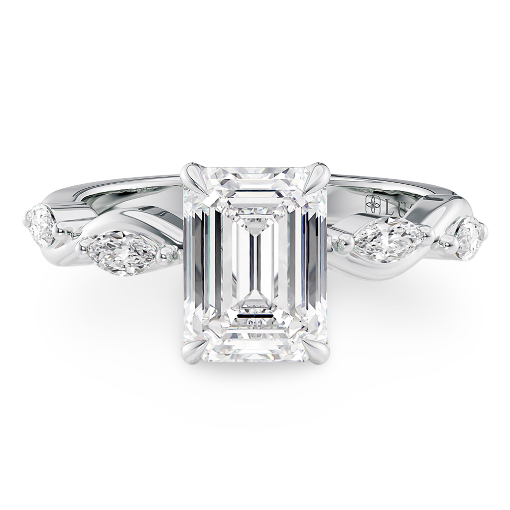 Load image into Gallery viewer, Constance Petal Emerald Engagement Ring with Lab or Natural Diamond and marquise accents in Gold or Platinum
Lucce, Manila, Philippines
