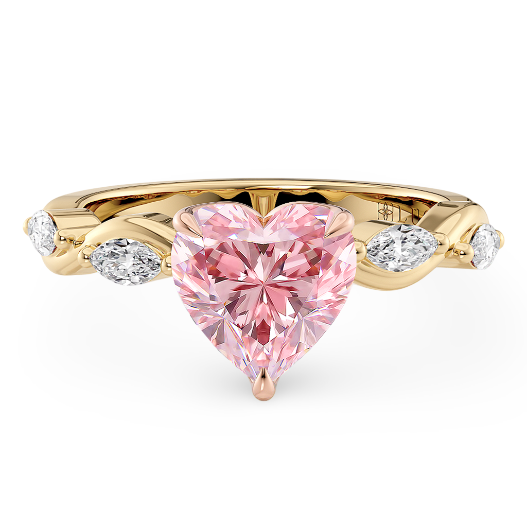 Load image into Gallery viewer, LUCCE ROSÉ Pink Heart Diamond Ring with Marquise Accents in Intertwining Vines and Petal Prongs Mid Setting Engagement Ring in Gold or Platinum 
