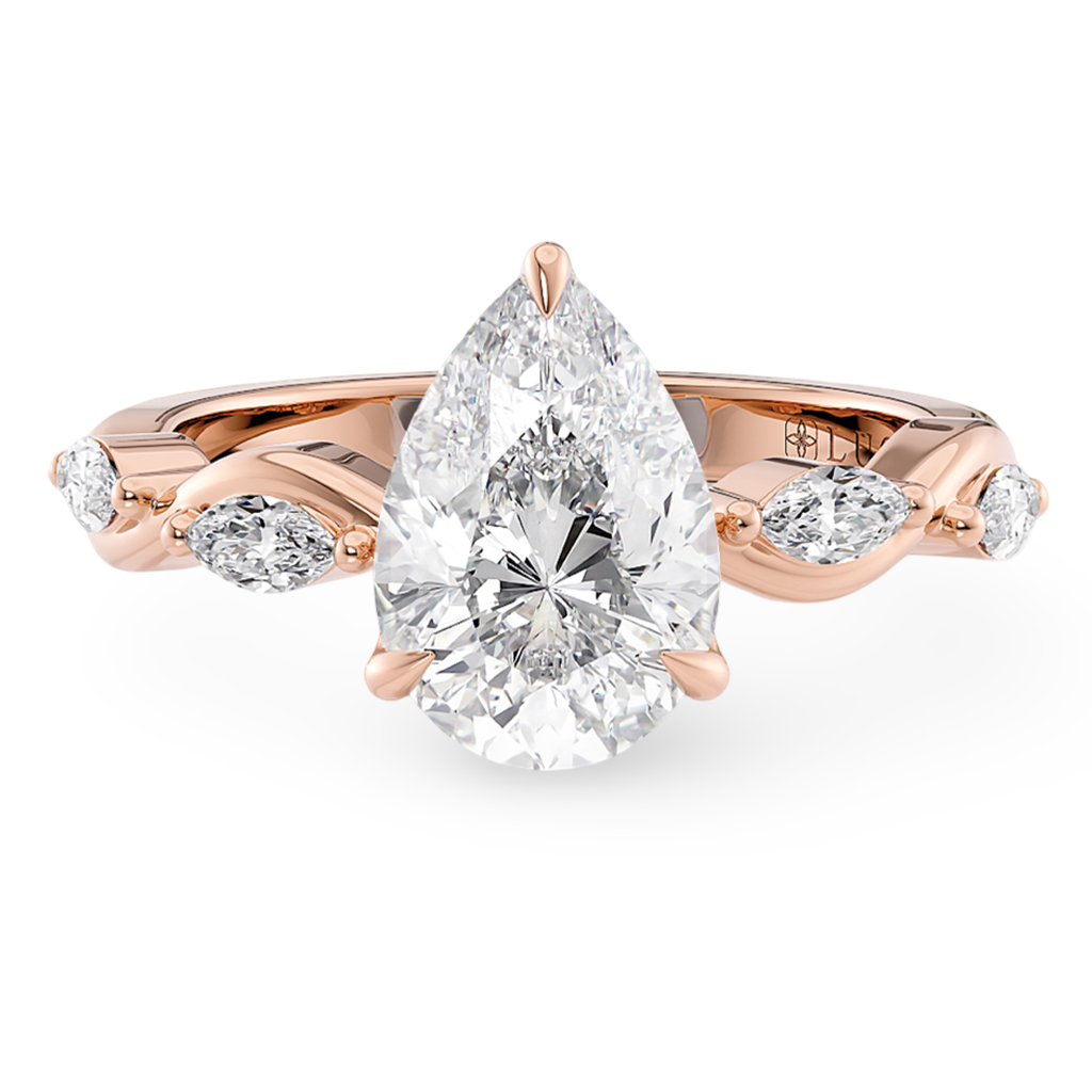 Load image into Gallery viewer, LUCCE Pear cut Diamond Ring with Marquise Accents in Intertwining Vines and Petal Prongs Mid Setting Engagement Ring in Gold or Platinum 
