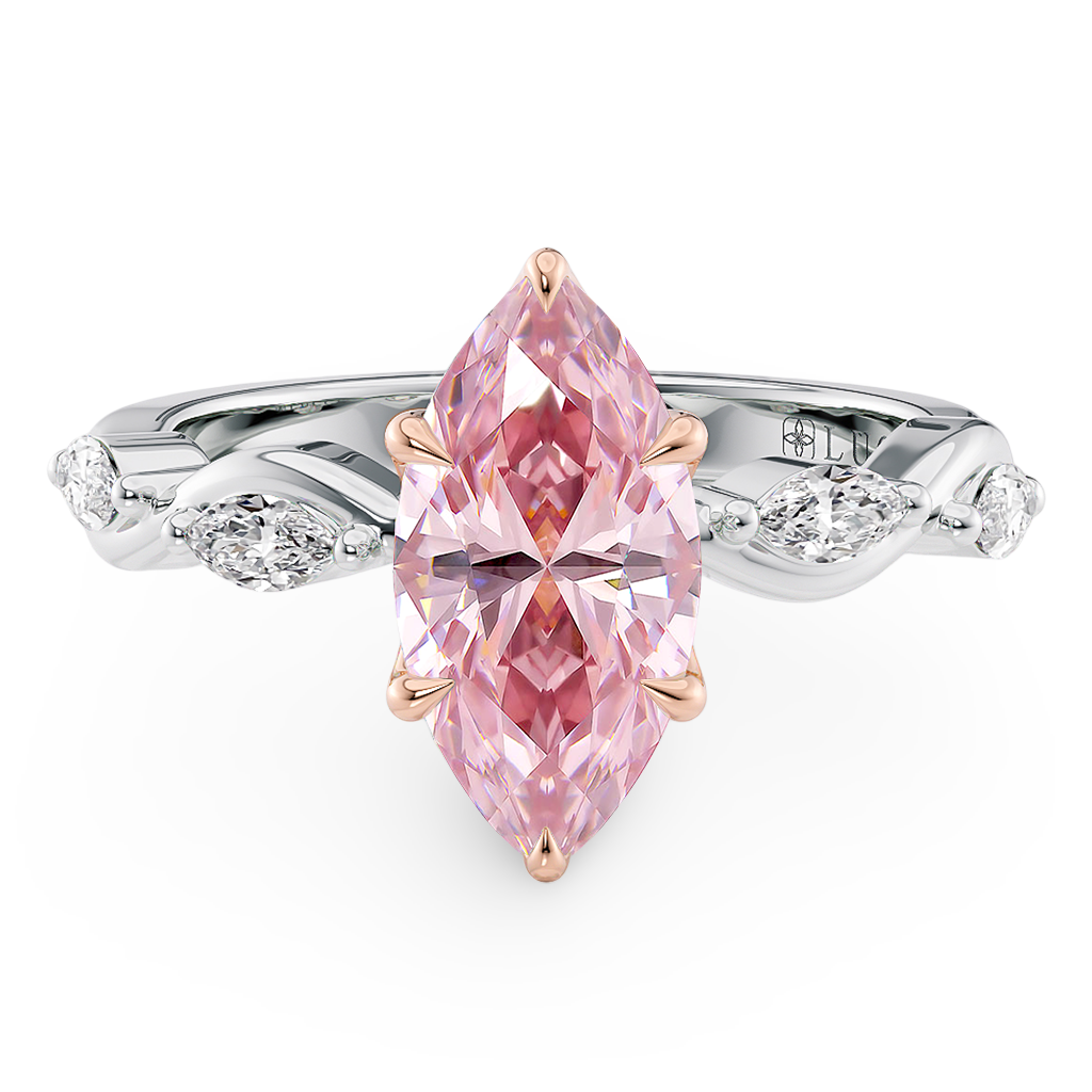 Load image into Gallery viewer, LUCCE ROSÉ Pink Marquise cut Diamond Ring with Marquise Accents in Intertwining Vines and Petal Prongs Mid Setting Engagement Ring in Gold or Platinum 
