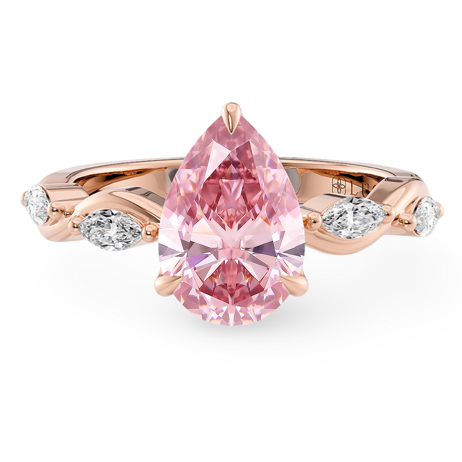 Load image into Gallery viewer, LUCCE ROSÉ Pink Pear cut Diamond Ring with Marquise Accents in Intertwining Vines and Petal Prongs Mid Setting Engagement Ring in Gold or Platinum 

