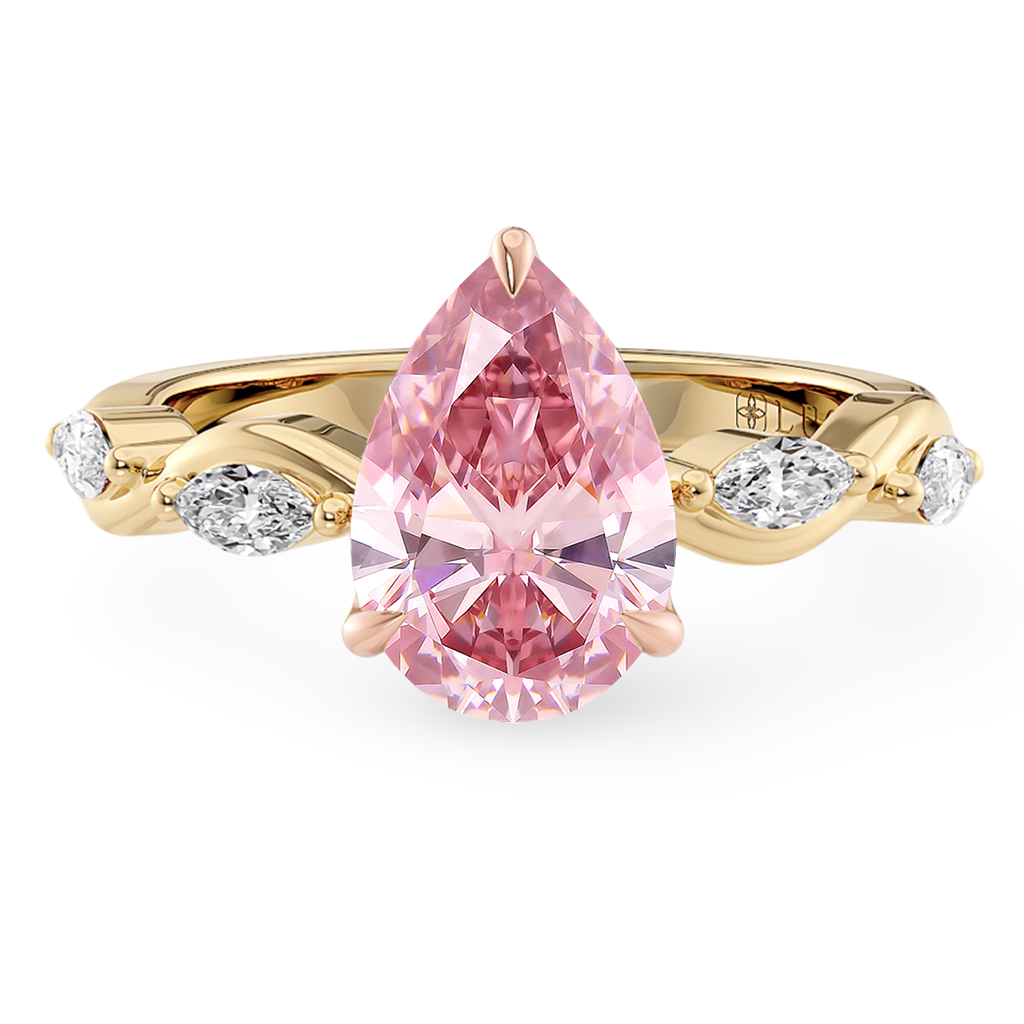 Load image into Gallery viewer, LUCCE ROSÉ Pink Pear cut Diamond Ring with Marquise Accents in Intertwining Vines and Petal Prongs Mid Setting Engagement Ring in Gold or Platinum 
